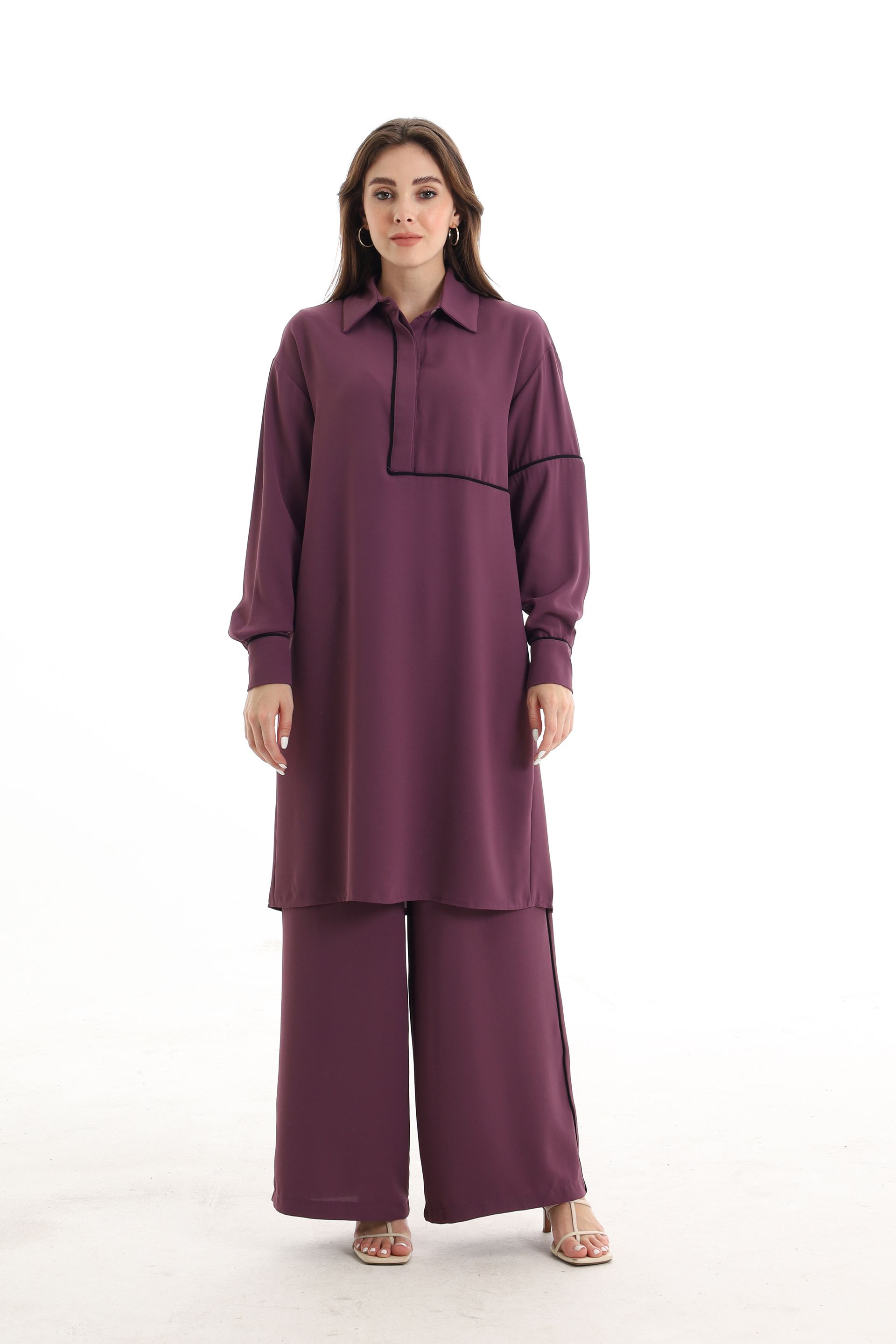 Qanu Beli Lastikli Krep Pantolon Mor