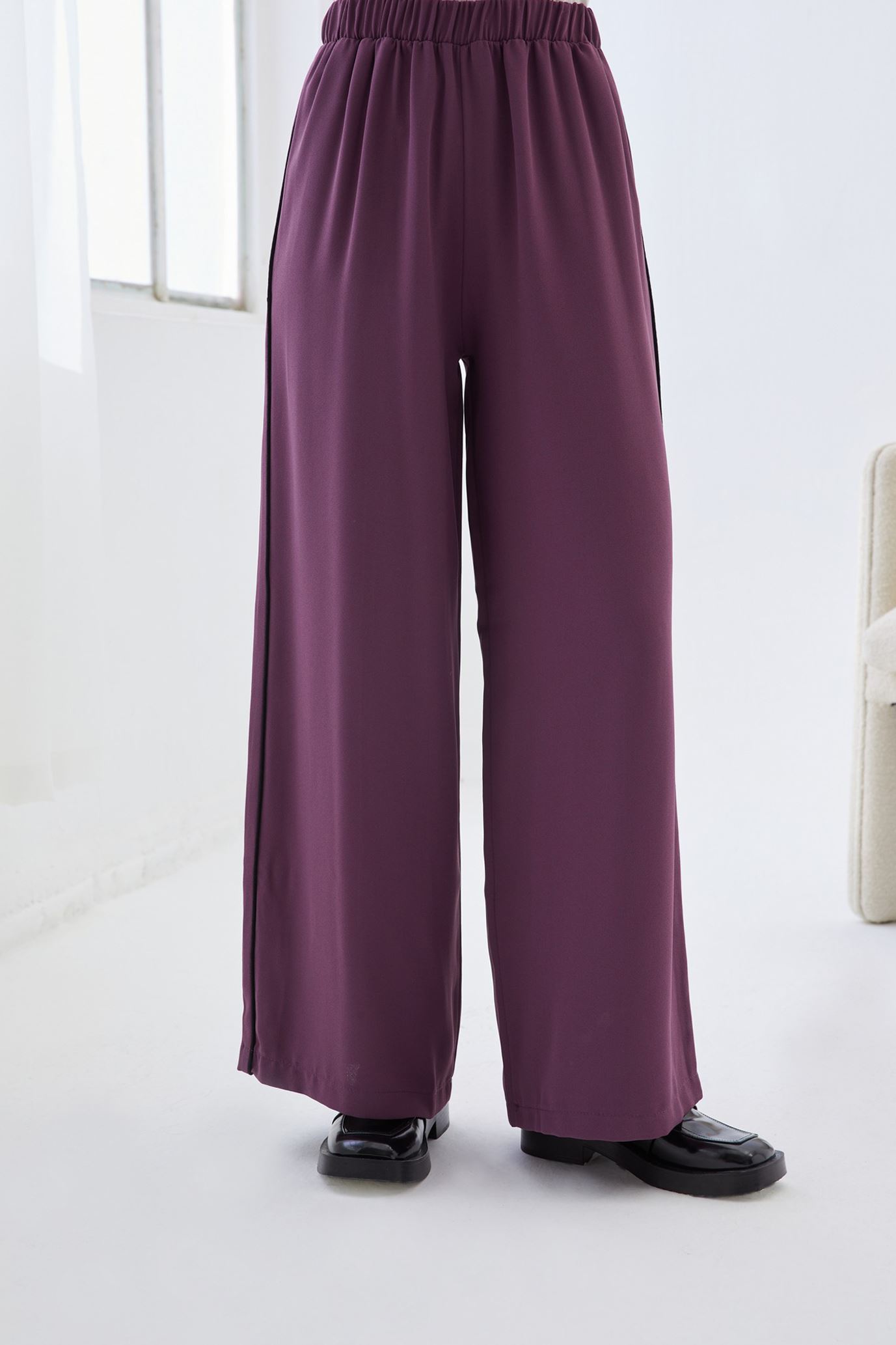 Qanu Beli Lastikli Krep Pantolon Mor
