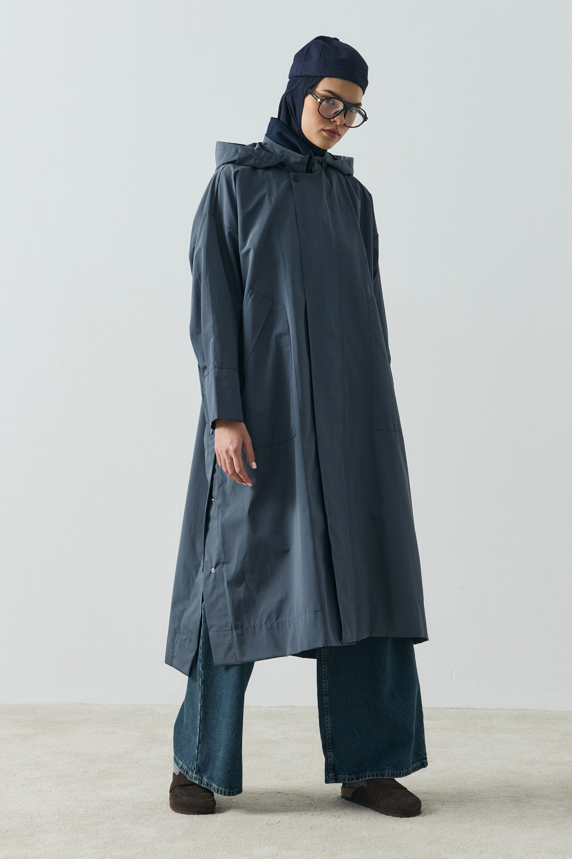 Qanu Kapüşonlu Oversize Yağmurluk İndigo