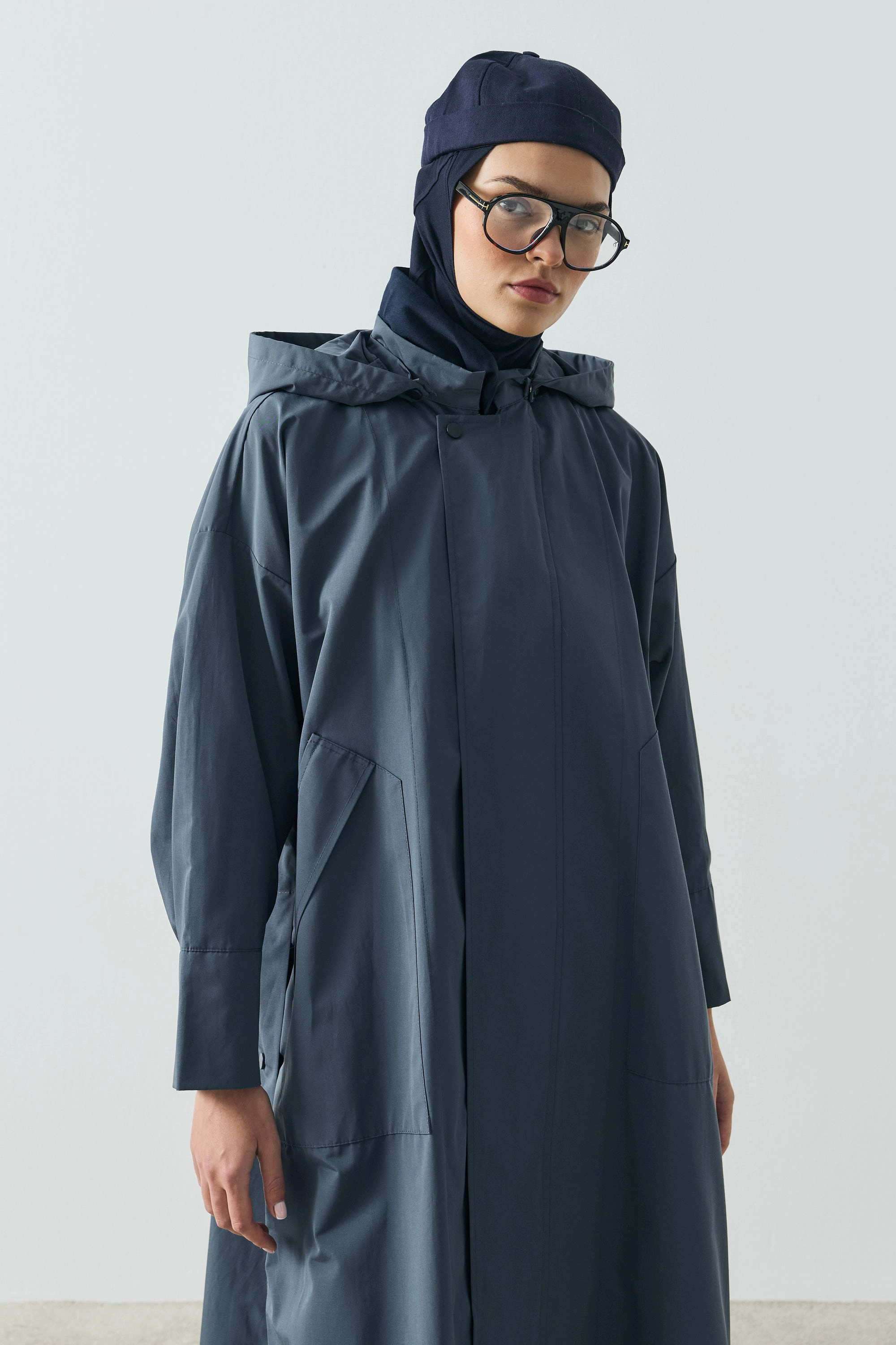 Qanu Kapüşonlu Oversize Yağmurluk İndigo