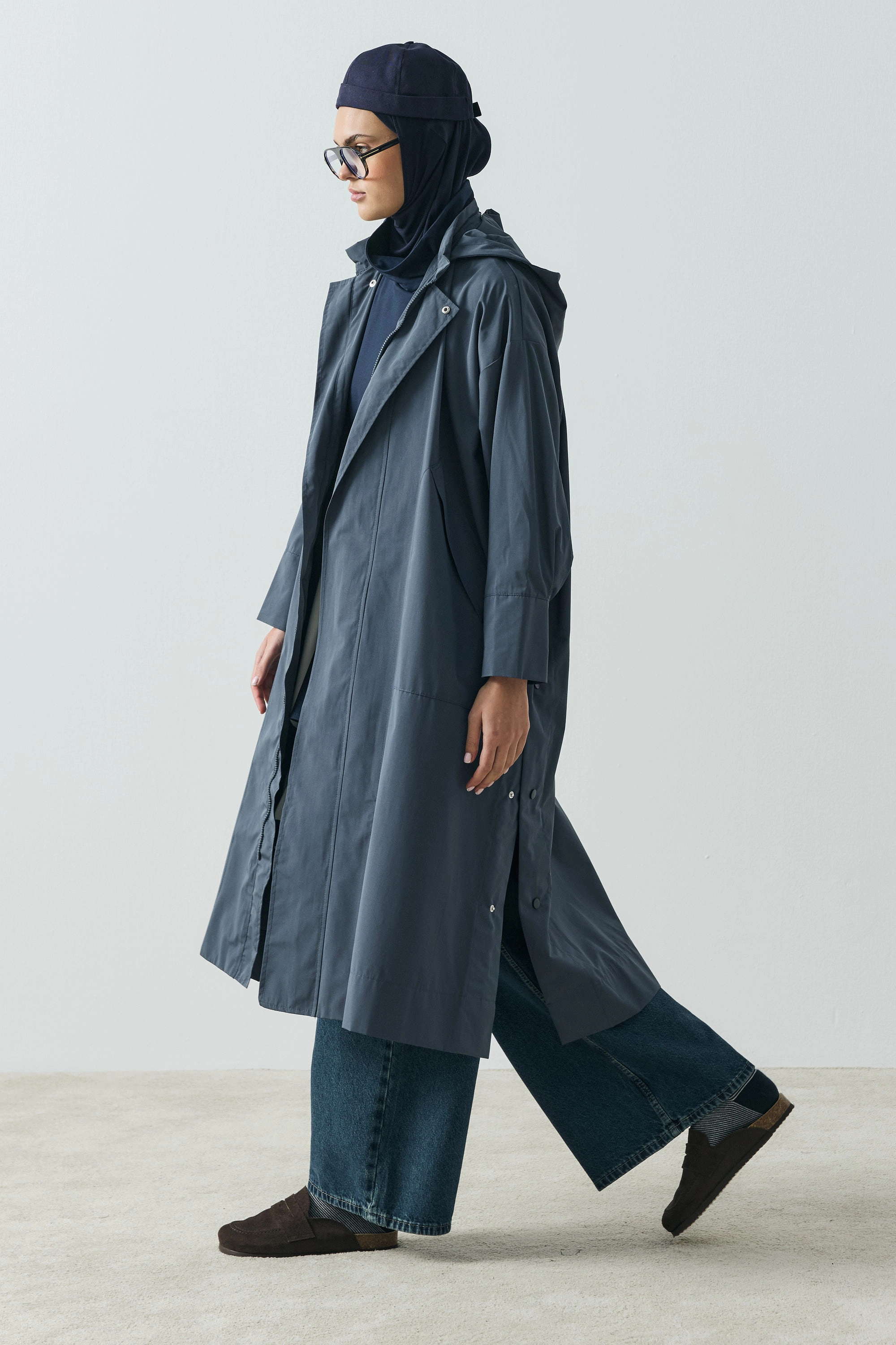 Qanu Kapüşonlu Oversize Yağmurluk İndigo