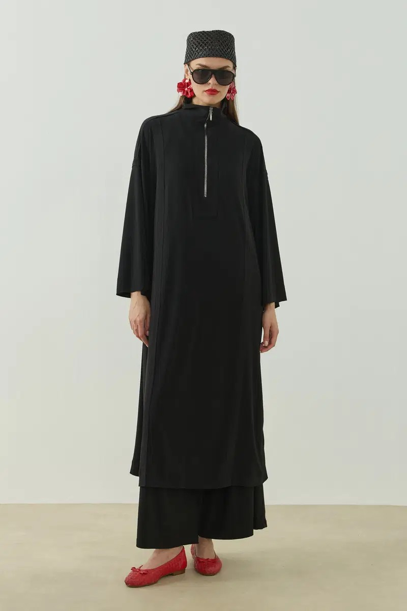 Qanu Siena Fermuarlı Tunik Siyah